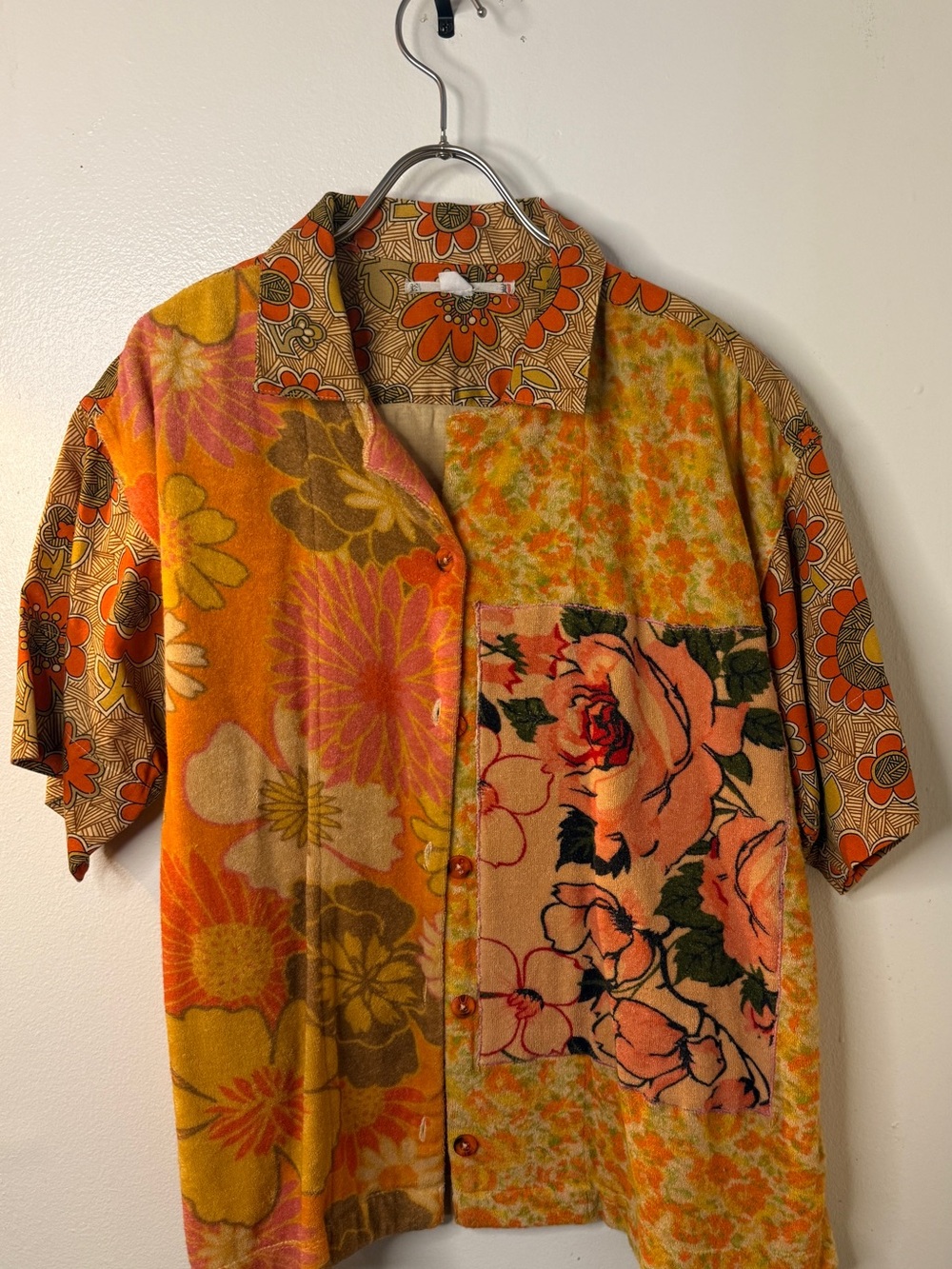 Unisex Patchwork Floral Short-Sleeve Shirt - Orange/Tan